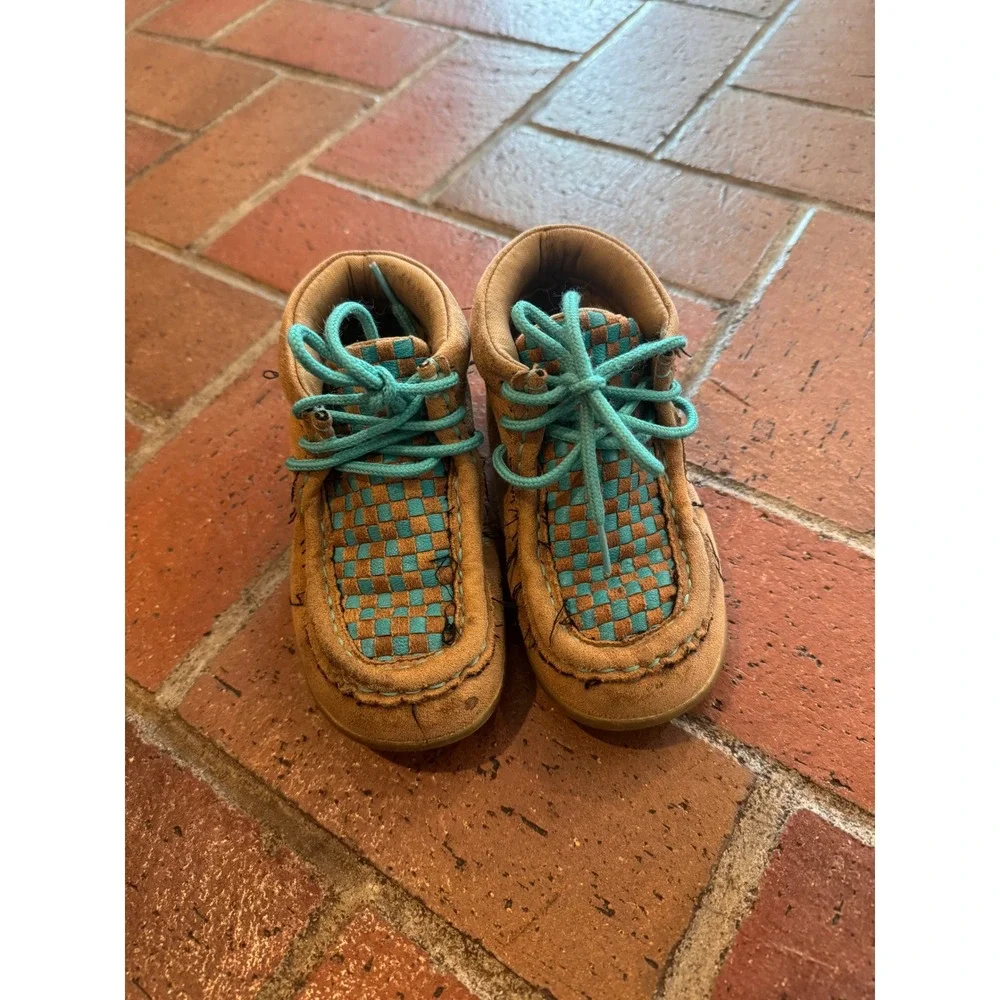 Blazin Roxx Kids Tan Turquoise Woven Moccasin Shoes Size 9 Western Mocs